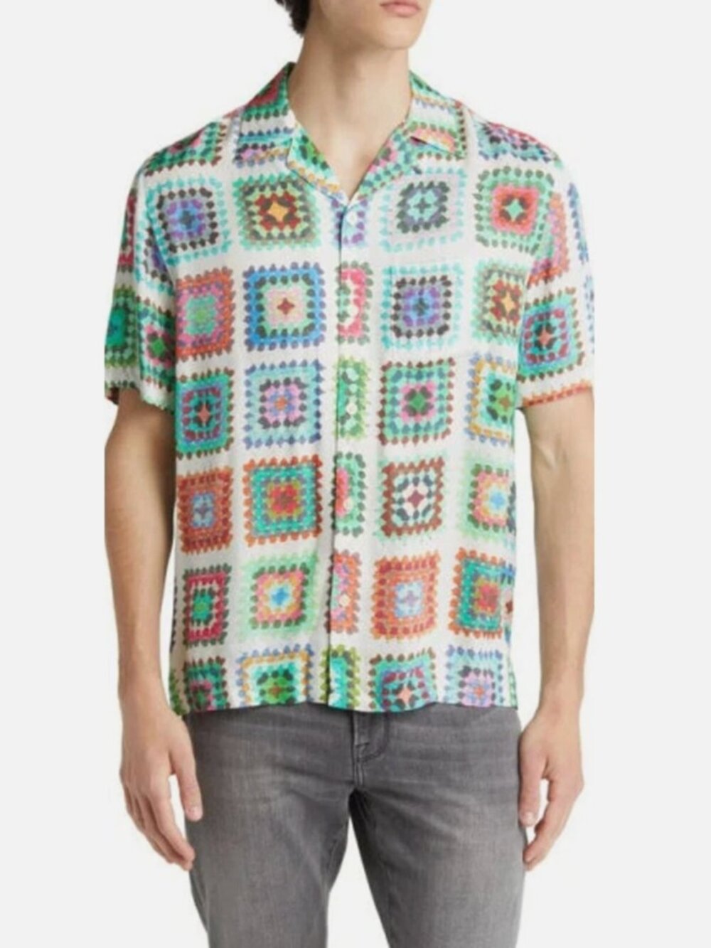 AllSaints Tunis Relaxed Fit Crochet Print Short Sleeve Button-Up Camp Shirt XS